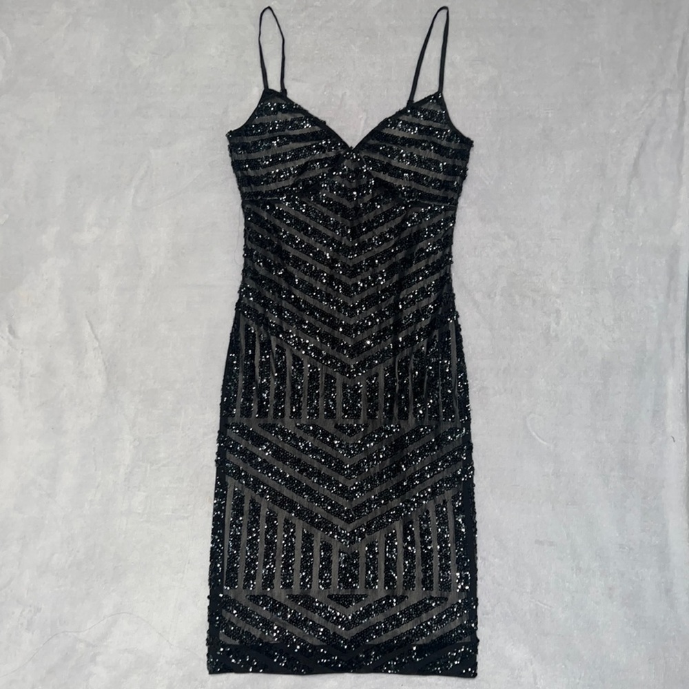 Express black sequins mesh overlay nude bodycon dress